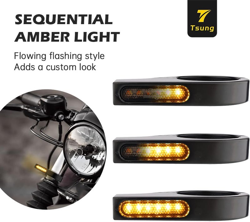 TSUNG Motorcycle Fork Mounted LED Turn Signals 39-41mm Switchback Sequential Amber Light with Bracket Indicater for Cruiser, Street Bike & Touring Motorcycles (Black-Amber(39-41mm)) - Image 5